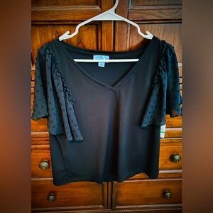 NWT *CUTE* CeCe V-Neck Black Top With Sheer Polka Dotted Short Sleeves